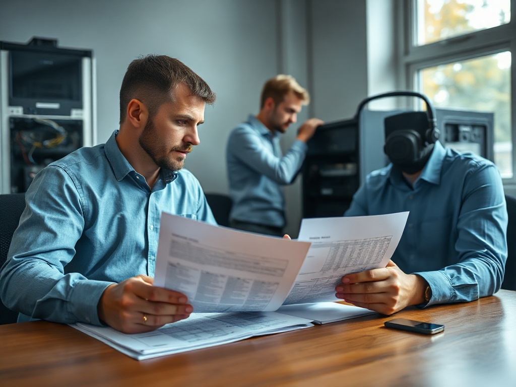 Documentary photo of two IT workers reviewing printed network documentation at a table in a Polish office