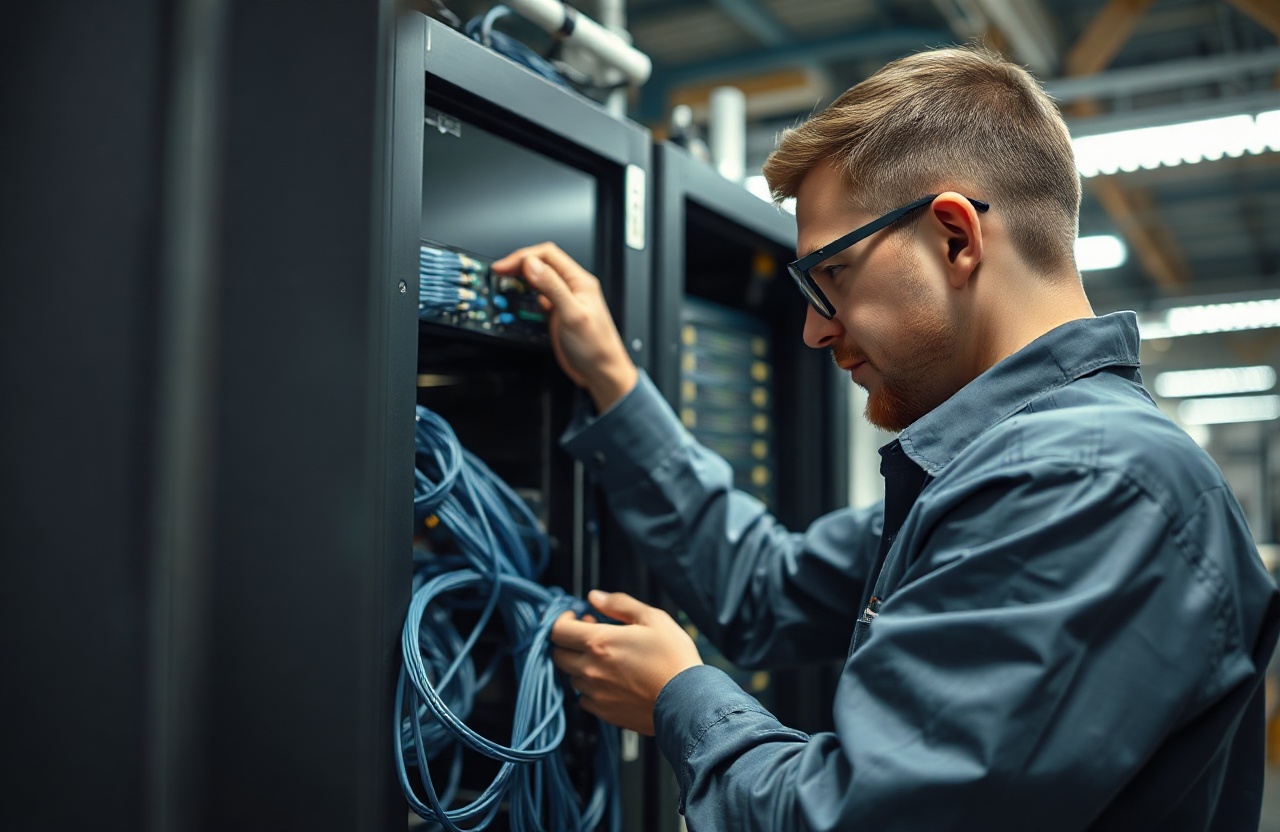 Documentary photo of a professional network technician in a server room inside a Polish industrial facility
